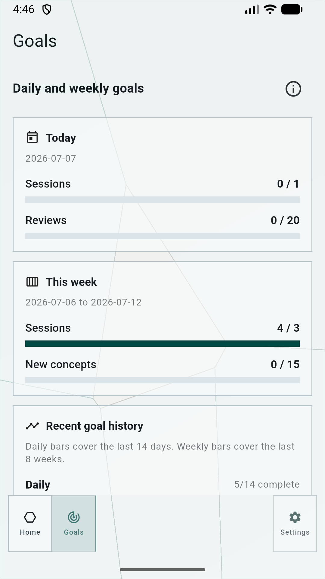 Shaded on a phone showing completed weekly sessions and daily and weekly learning goals